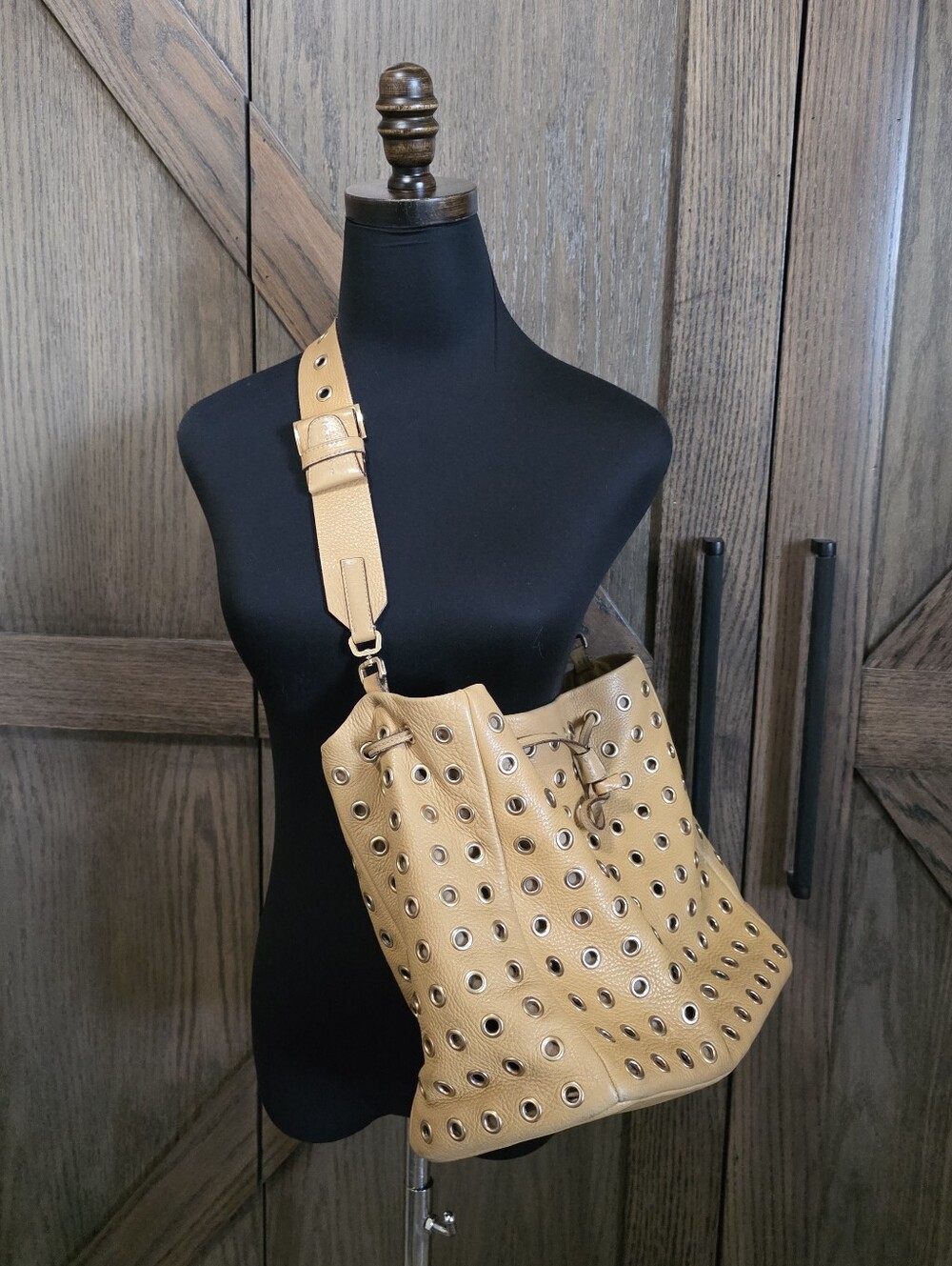 Prada Tan Eyelet-Embellished Bucket Hobo